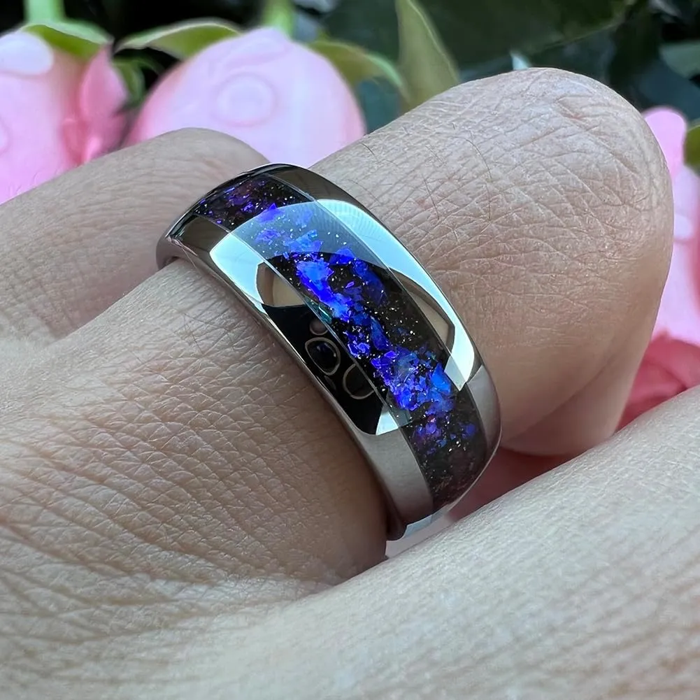 8mm Silver/Black/Gunmetal Tungsten Rings for Men Women Orion Nebula Opal Galaxy Fragment Inlay Fashion Jewelry Engagement Wedding Promise Band Polished Shiny Comfort Fit