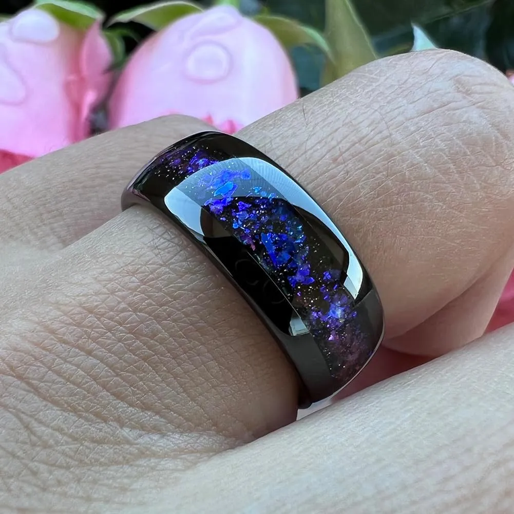 8mm Silver/Black/Gunmetal Tungsten Rings for Men Women Orion Nebula Opal Galaxy Fragment Inlay Fashion Jewelry Engagement Wedding Promise Band Polished Shiny Comfort Fit