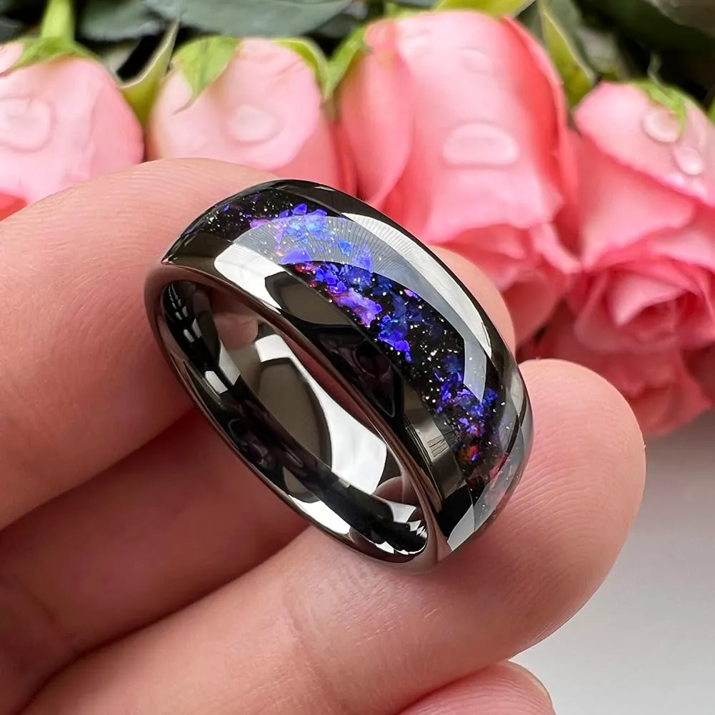 8mm Silver/Black/Gunmetal Tungsten Rings for Men Women Orion Nebula Opal Galaxy Fragment Inlay Fashion Jewelry Engagement Wedding Promise Band Polished Shiny Comfort Fit