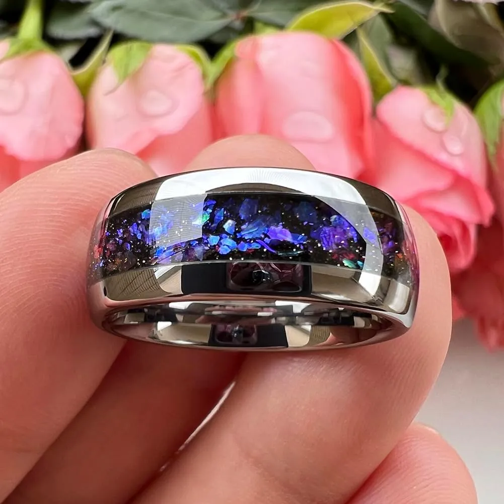8mm Silver/Black/Gunmetal Tungsten Rings for Men Women Orion Nebula Opal Galaxy Fragment Inlay Fashion Jewelry Engagement Wedding Promise Band Polished Shiny Comfort Fit