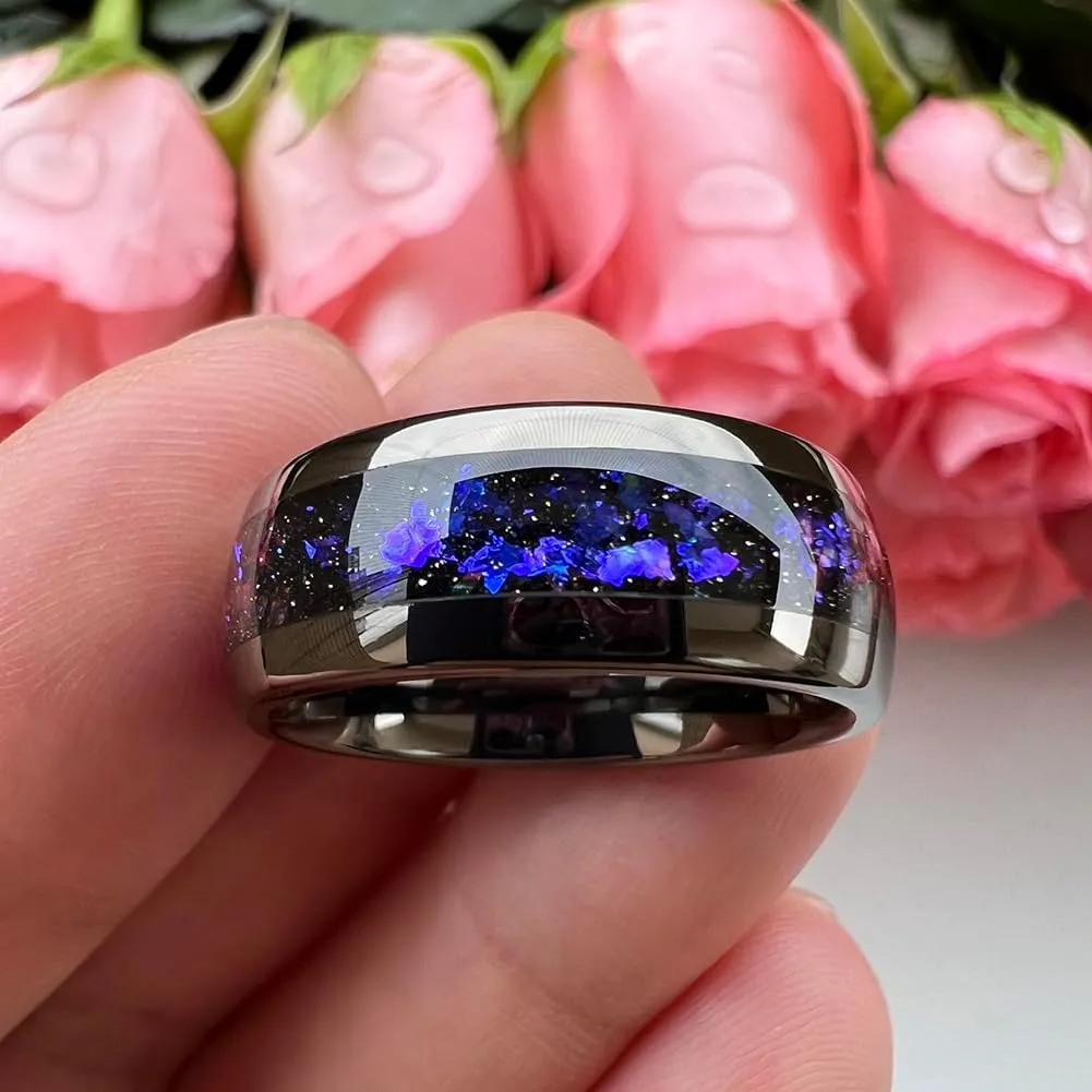 8mm Silver/Black/Gunmetal Tungsten Rings for Men Women Orion Nebula Opal Galaxy Fragment Inlay Fashion Jewelry Engagement Wedding Promise Band Polished Shiny Comfort Fit