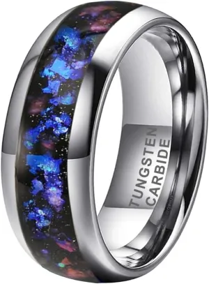 8mm Silver/Black/Gunmetal Tungsten Rings for Men Women Orion Nebula Opal Galaxy Fragment Inlay Fashion Jewelry Engagement Wedding Promise Band Polished Shiny Comfort Fit