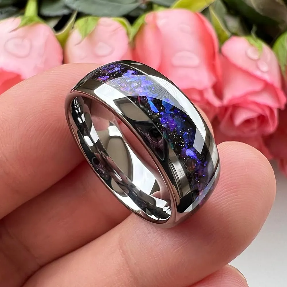 8mm Silver/Black/Gunmetal Tungsten Rings for Men Women Orion Nebula Opal Galaxy Fragment Inlay Fashion Jewelry Engagement Wedding Promise Band Polished Shiny Comfort Fit