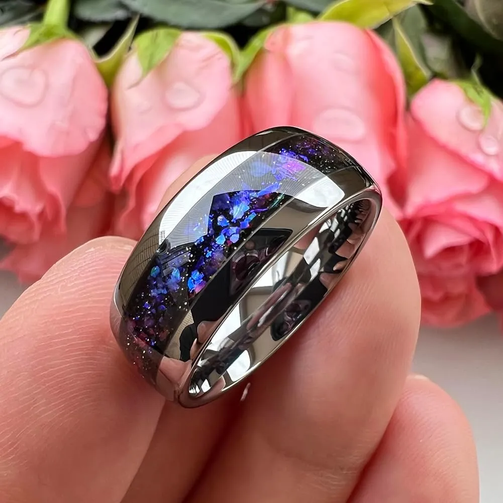8mm Silver/Black/Gunmetal Tungsten Rings for Men Women Orion Nebula Opal Galaxy Fragment Inlay Fashion Jewelry Engagement Wedding Promise Band Polished Shiny Comfort Fit