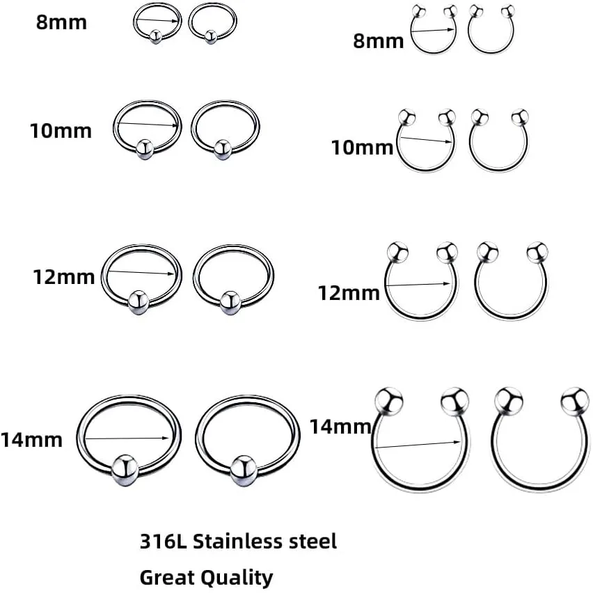 8Pairs (16PCS) Surgical Steel Horseshoe Captive Bead Nose Hoop Ring Septum Earring Eyebrow Tongue Lip Nipple Helix Tragus Piercing Rings 8-12mm 14G 16G