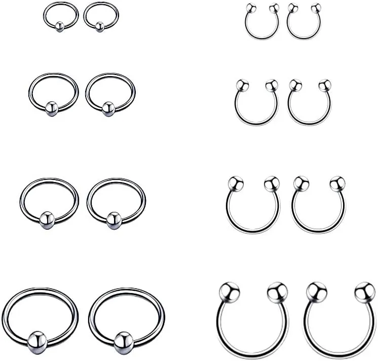 8Pairs (16PCS) Surgical Steel Horseshoe Captive Bead Nose Hoop Ring Septum Earring Eyebrow Tongue Lip Nipple Helix Tragus Piercing Rings 8-12mm 14G 16G