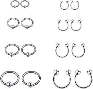8Pairs (16PCS) Surgical Steel Horseshoe Captive Bead Nose Hoop Ring Septum Earring Eyebrow Tongue Lip Nipple Helix Tragus Piercing Rings 8-12mm 14G 16G