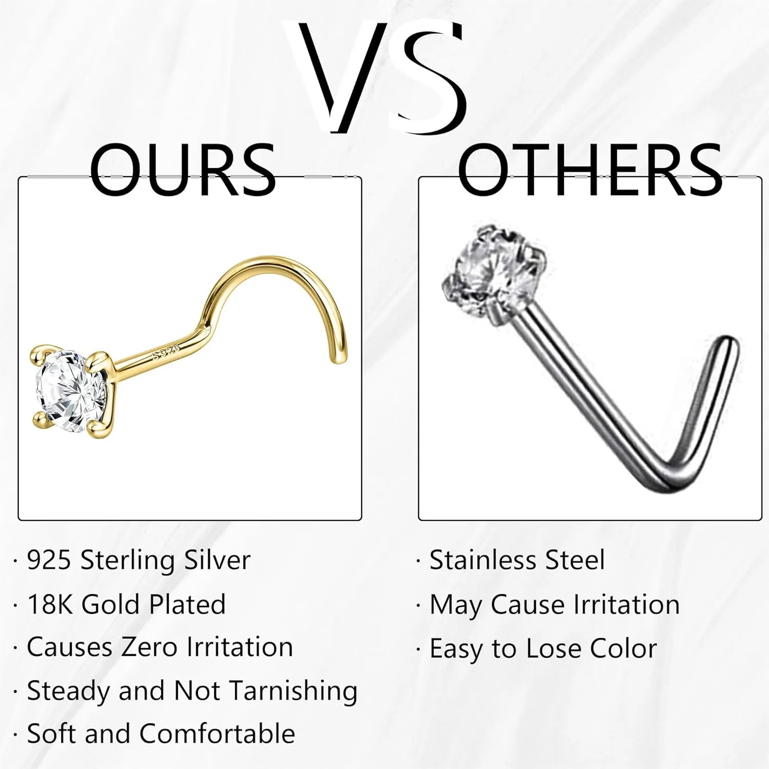 925 Sterling Silver Nose Stud 20G Corkscrew Nose Ring Tiny Nose Studs Gold Nose Stud Hypoallergenic Nose Piercings for Women