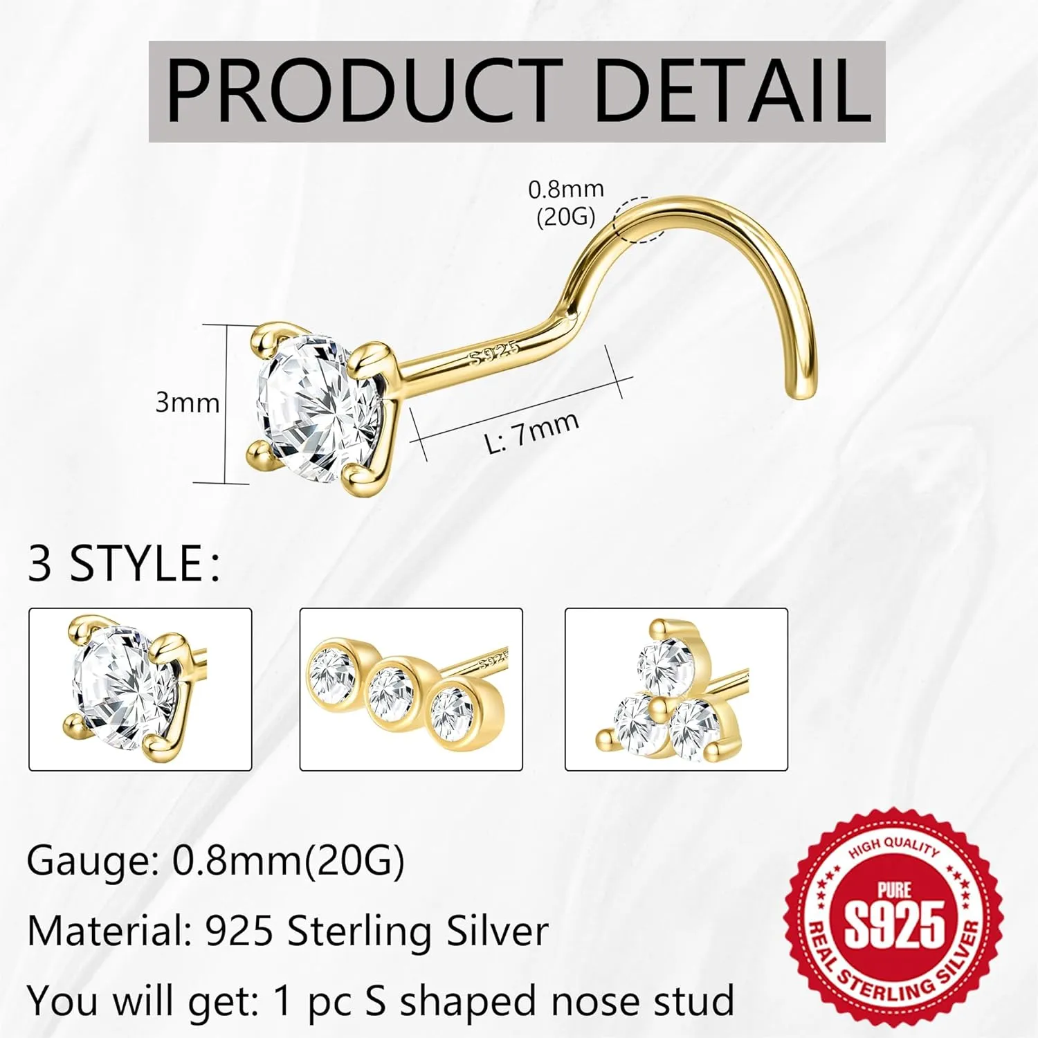 925 Sterling Silver Nose Stud 20G Corkscrew Nose Ring Tiny Nose Studs Gold Nose Stud Hypoallergenic Nose Piercings for Women