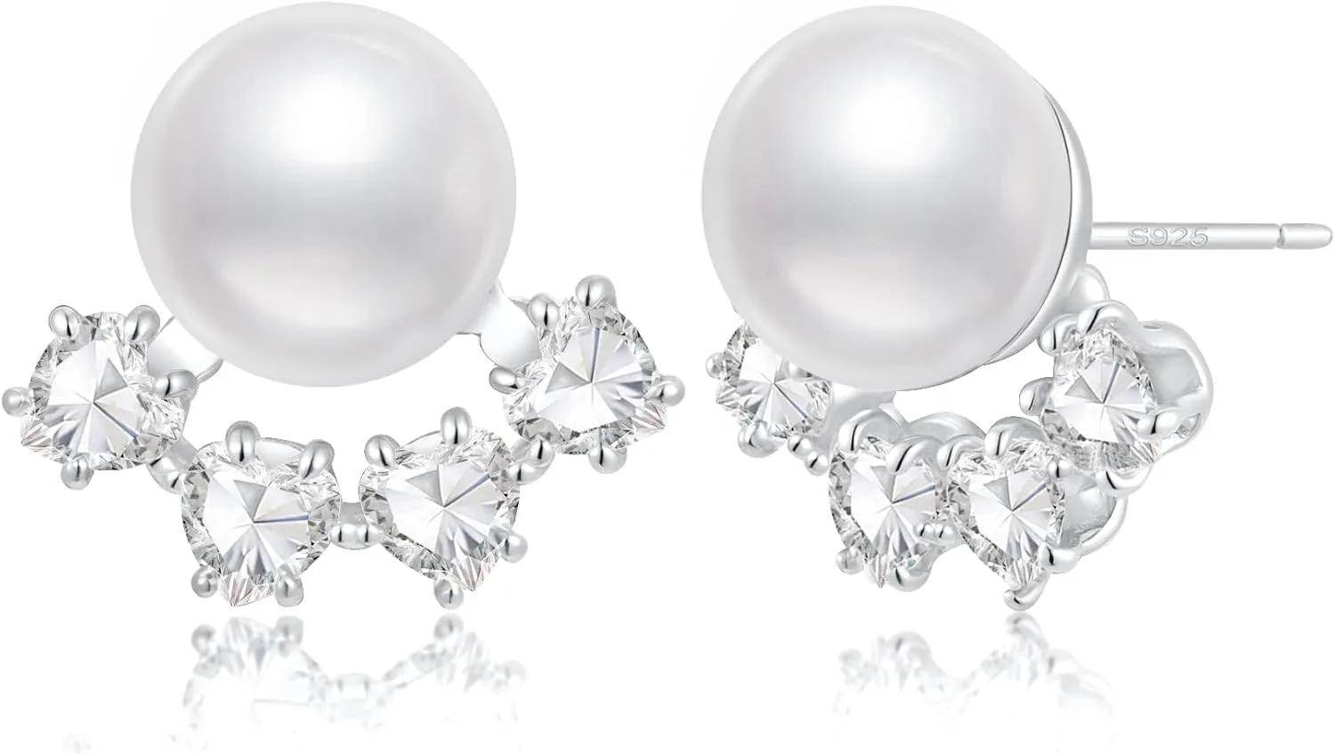 925 Sterling Silver Pearl Earrings for Women - Silver Stud Earring with Heart Cubic Zirconia Crystal Dainty Elegant Jewelry Gifts for Her Birthday Mothers Day Wedding