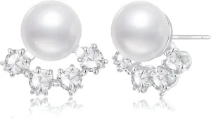925 Sterling Silver Pearl Earrings for Women - Silver Stud Earring with Heart Cubic Zirconia Crystal Dainty Elegant Jewelry Gifts for Her Birthday Mothers Day Wedding