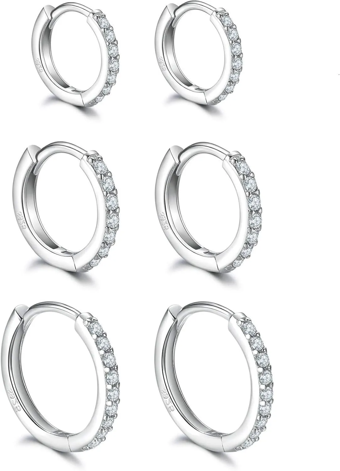 925 Sterling Silver Small Hoop Earrings Cubic Zirconia Huggie Hoop Earrings, 3 Pairs 14K White Gold Plated Cartilage Piercing Earrings Ear Cuff Tiny Hoop Earrings for Women Men