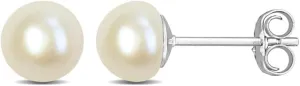 925 Sterling Silver White Cultured Freshwater Pearl Stud Earrings - A  Quality, for Men & Women - Available in Sterling Silver or Yellow Gold Plated - Sizes 6mm, 7mm, 8mm
