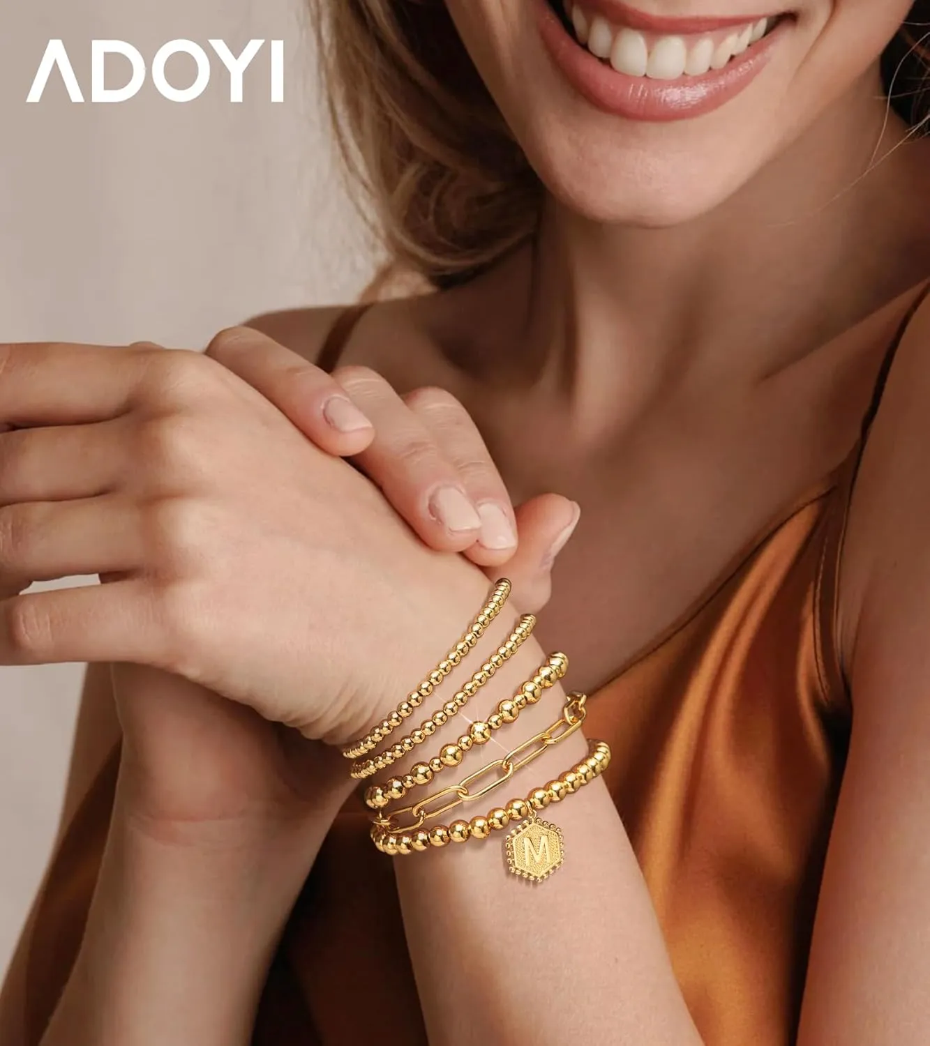 adoyi Gold Bracelets for Women Waterproof, 14K Gold Plated Beaded Strand Bead Ball Bracelets stack Adjustable Jewelry Set for Gifts