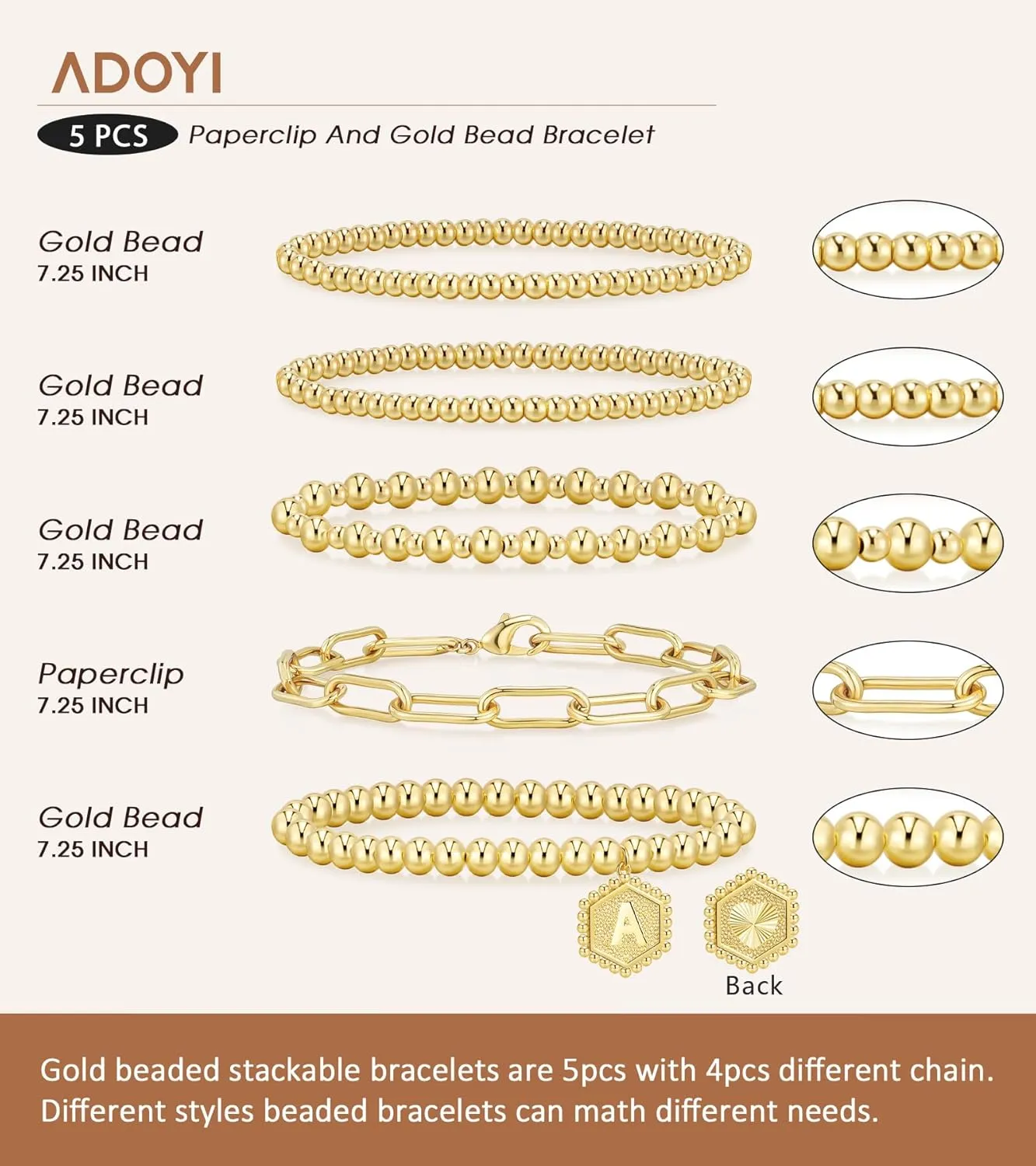 adoyi Gold Bracelets for Women Waterproof, 14K Gold Plated Beaded Strand Bead Ball Bracelets stack Adjustable Jewelry Set for Gifts
