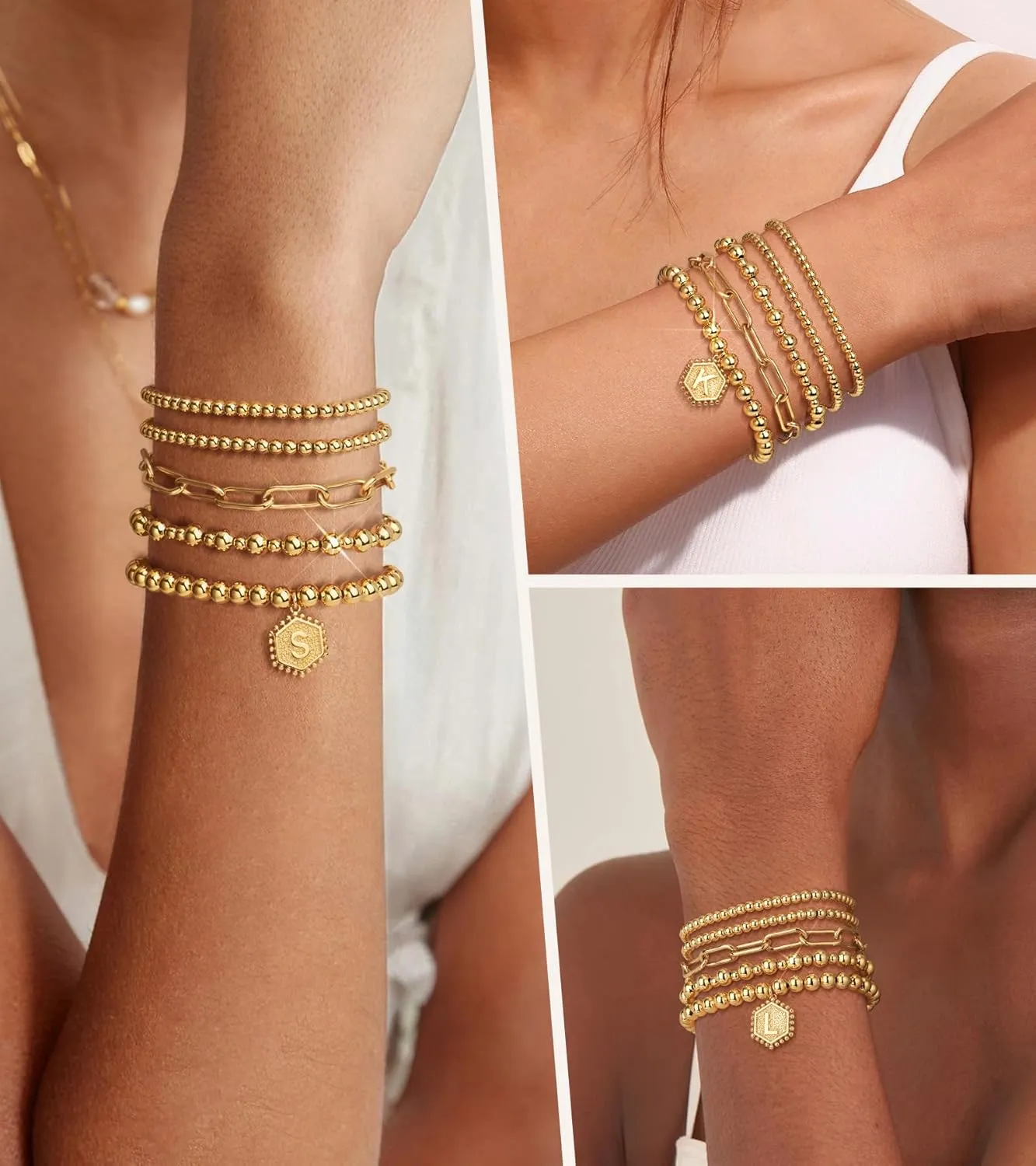 adoyi Gold Bracelets for Women Waterproof, 14K Gold Plated Beaded Strand Bead Ball Bracelets stack Adjustable Jewelry Set for Gifts