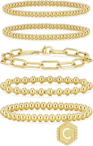 adoyi Gold Bracelets for Women Waterproof, 14K Gold Plated Beaded Strand Bead Ball Bracelets stack Adjustable Jewelry Set for Gifts