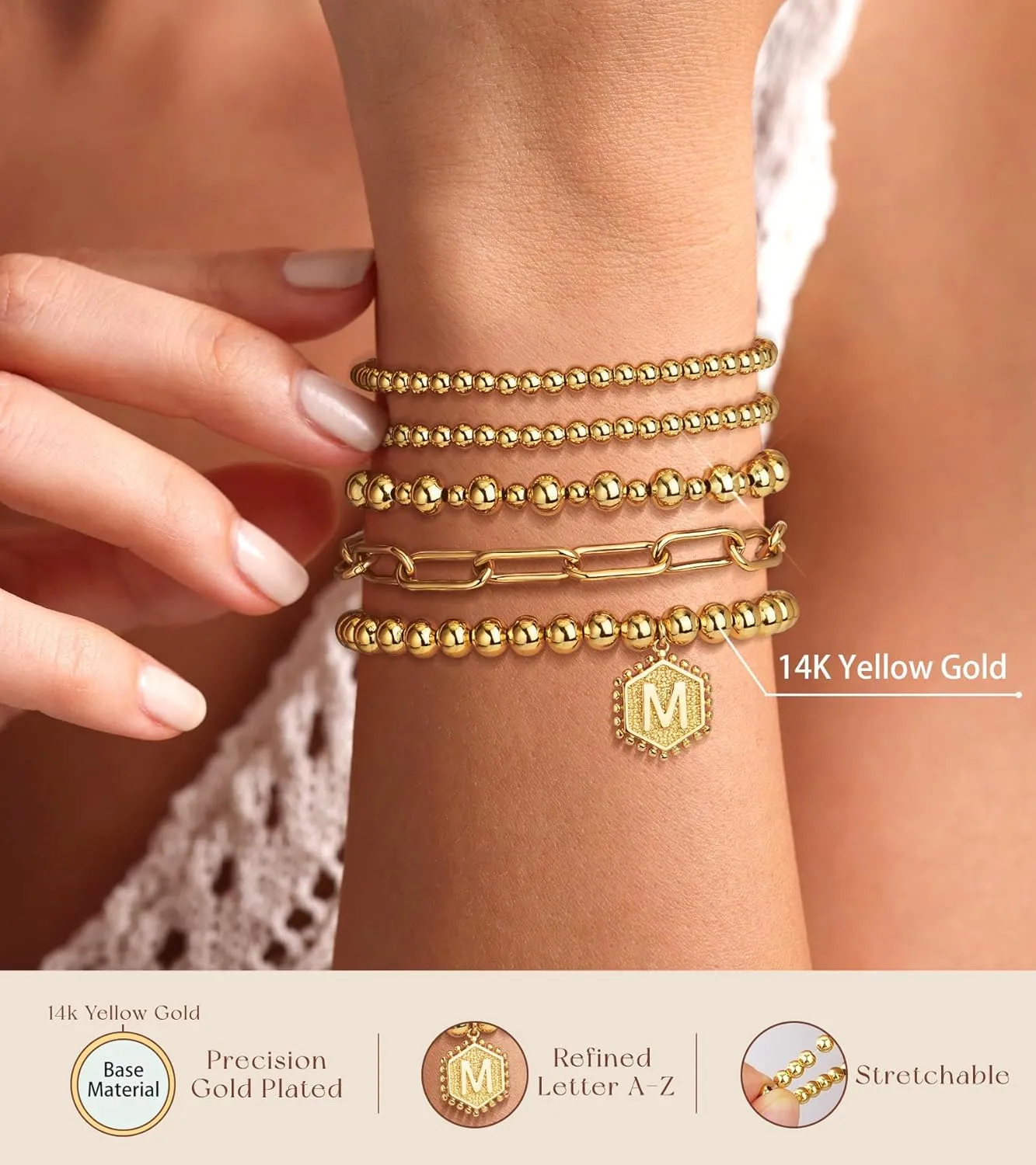 adoyi Gold Bracelets for Women Waterproof, 14K Gold Plated Beaded Strand Bead Ball Bracelets stack Adjustable Jewelry Set for Gifts
