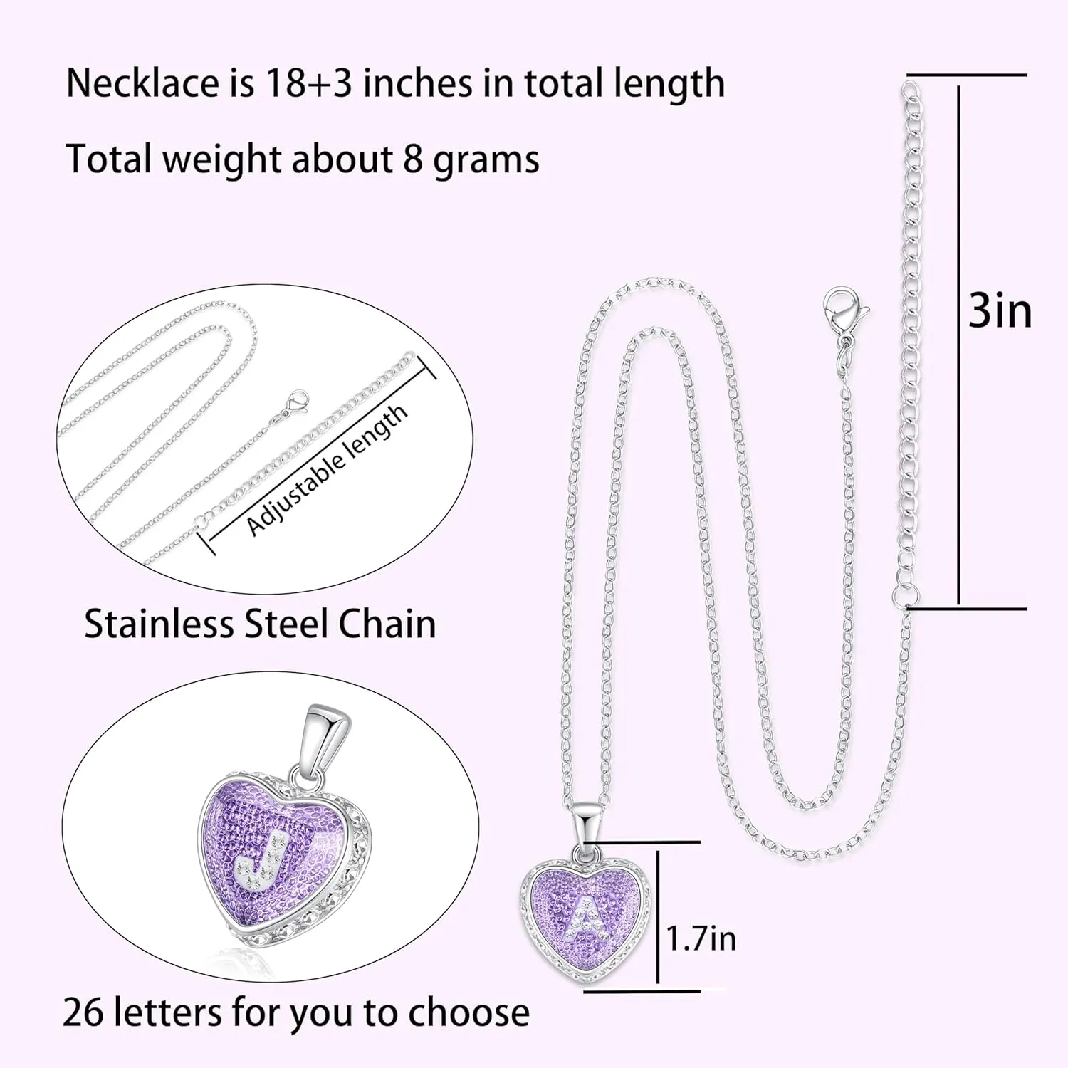 Ahiller Heart Initial Necklace,Crystal Diamond Letter Pendant,18 3" Adjustable Necklaces for Women Trendy Name Jewelry Purple