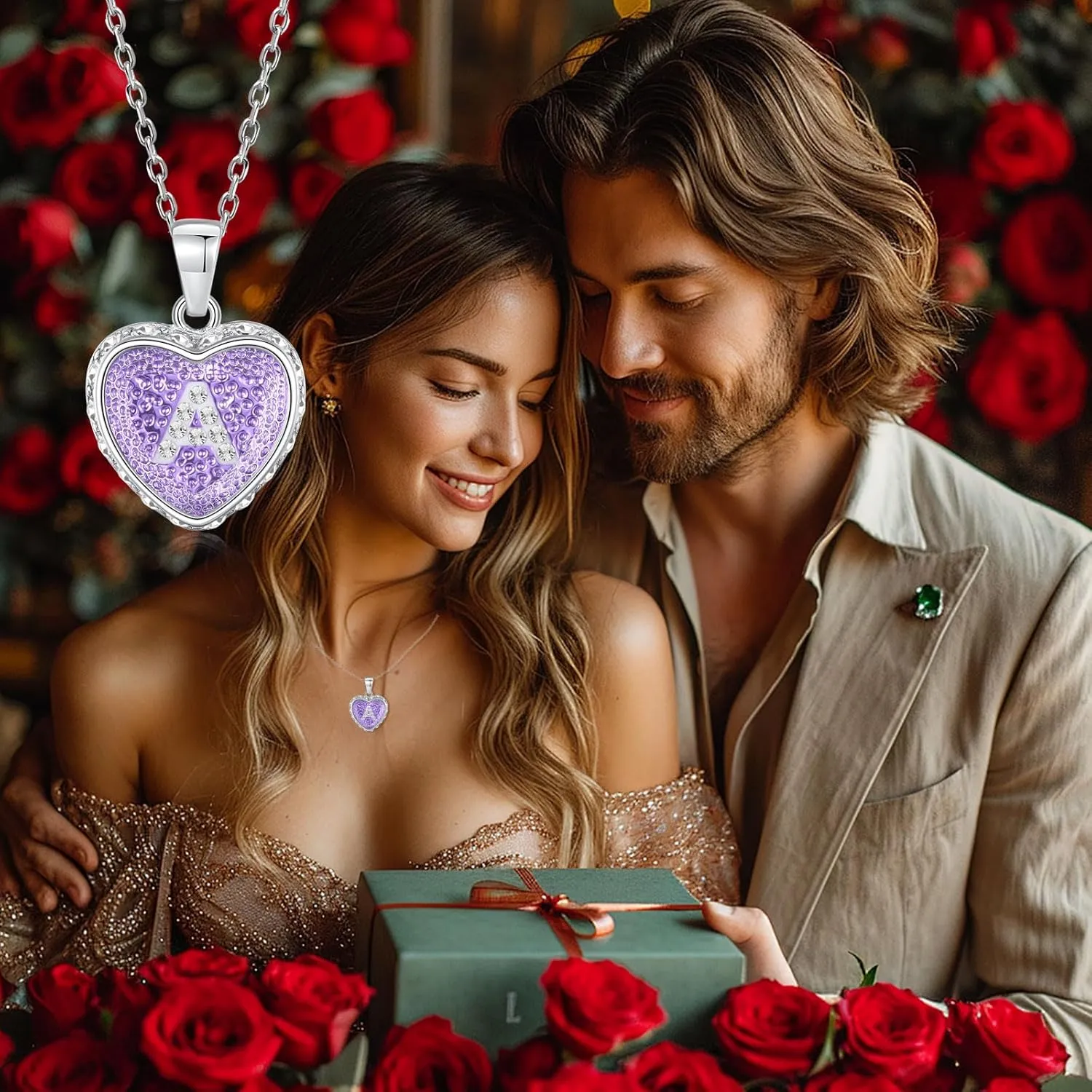 Ahiller Heart Initial Necklace,Crystal Diamond Letter Pendant,18 3" Adjustable Necklaces for Women Trendy Name Jewelry Purple