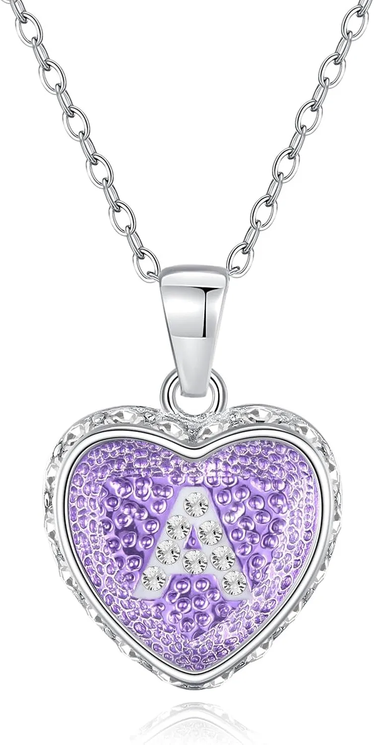 Ahiller Heart Initial Necklace,Crystal Diamond Letter Pendant,18 3" Adjustable Necklaces for Women Trendy Name Jewelry Purple