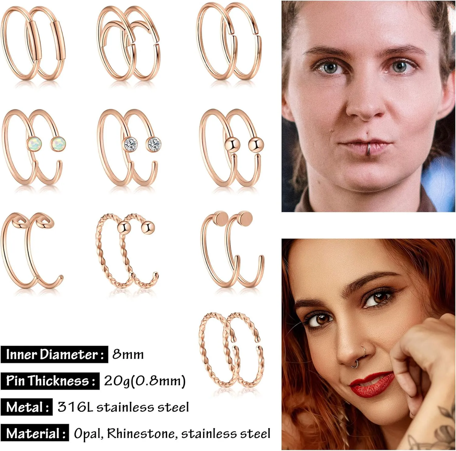 AllerPierce 20G Nose Rings Set 30-40Pcs Bone Screw L Shaped Studs Hypoallergenic Tragus Cartilage Ring Hoop Stainless Steel Piercing Jewelry for Women Men