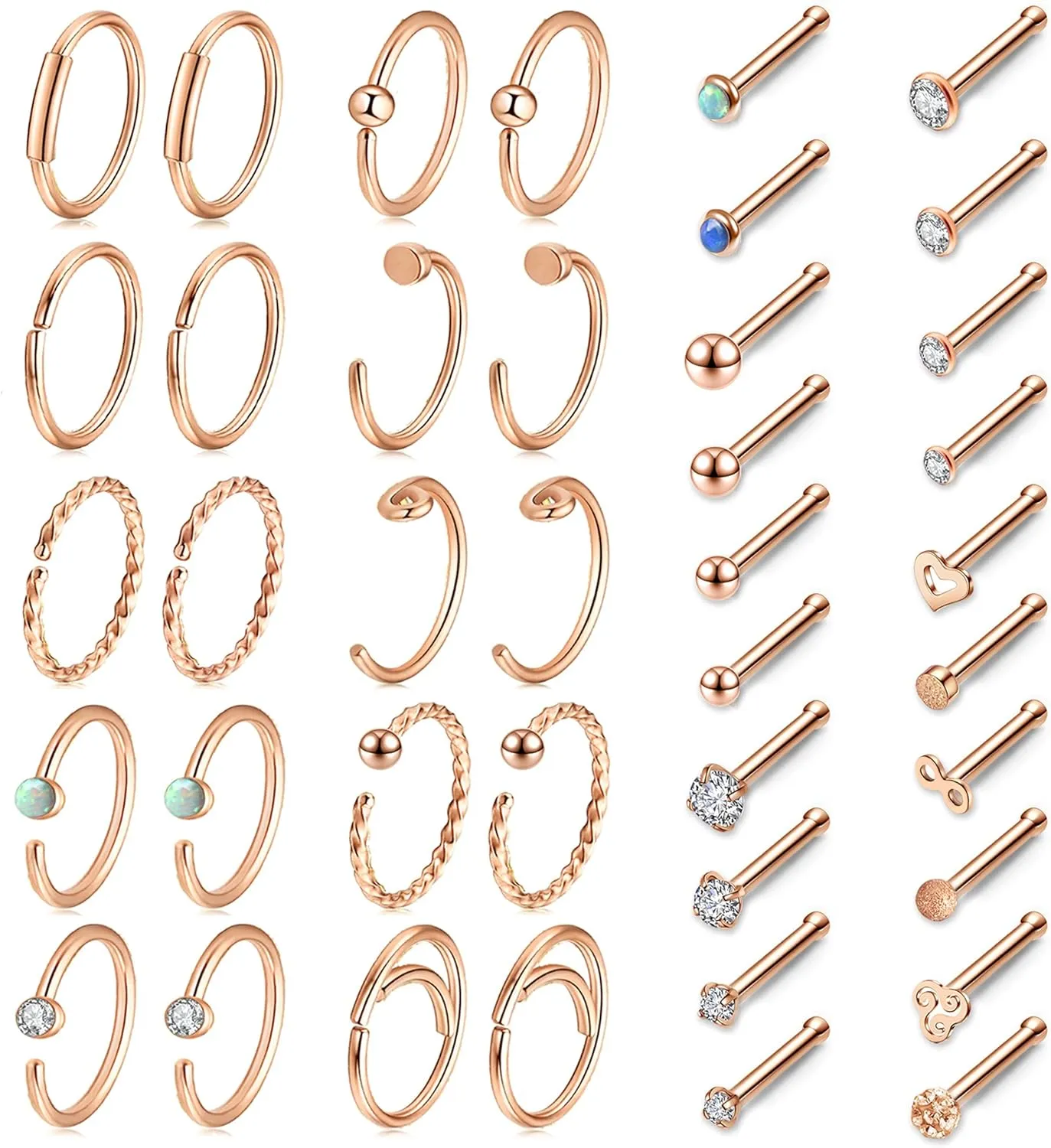 AllerPierce 20G Nose Rings Set 30-40Pcs Bone Screw L Shaped Studs Hypoallergenic Tragus Cartilage Ring Hoop Stainless Steel Piercing Jewelry for Women Men