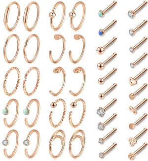 AllerPierce 20G Nose Rings Set 30-40Pcs Bone Screw L Shaped Studs Hypoallergenic Tragus Cartilage Ring Hoop Stainless Steel Piercing Jewelry for Women Men