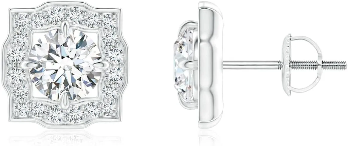 ANGARA Lab Grown Art Deco Inspired Round Diamond Halo Solitaire Studs in 14K Solid Gold/Platinum | April Birthstone, Birthday, Engagement, Anniversary, Wedding Jewelry Gift for Women