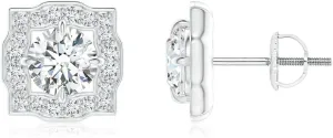 ANGARA Lab Grown Art Deco Inspired Round Diamond Halo Solitaire Studs in 14K Solid Gold/Platinum | April Birthstone, Birthday, Engagement, Anniversary, Wedding Jewelry Gift for Women