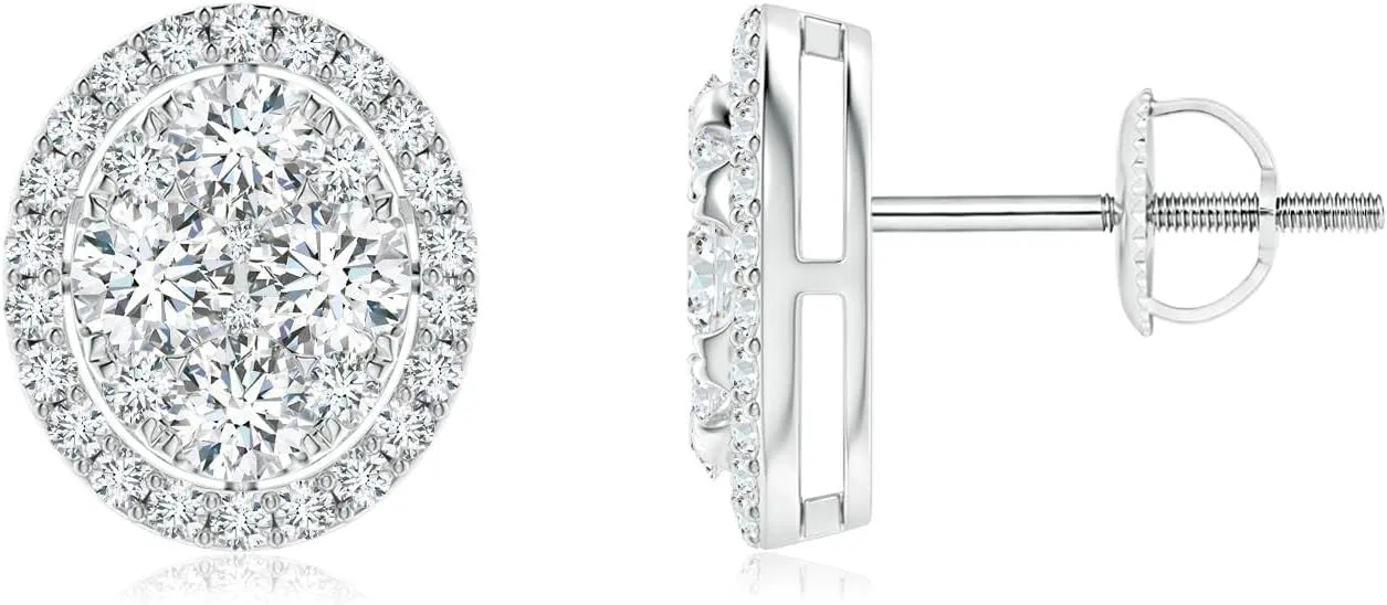 ANGARA Lab Grown Oval Composite Diamond Halo Studs in 14K Solid Gold/Platinum | April Birthstone, Birthday, Engagement, Anniversary, Wedding Jewelry Gift for Women