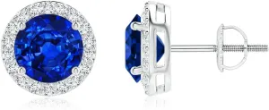 ANGARA Lab-Grown Vintage-Inspired Round Blue Sapphire Halo Stud Earrings in Platinum for Women (Size-7mm) | September Birthstone Jewelry for Her | Birthday | Anniversary