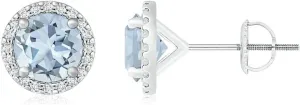 ANGARA Natural Classic Aquamarine and Diamond Halo Stud Earrings in 14K Solid Gold/Platinum | March Birthstone, Birthday, Engagement, Anniversary, Wedding Jewelry Gift for Women