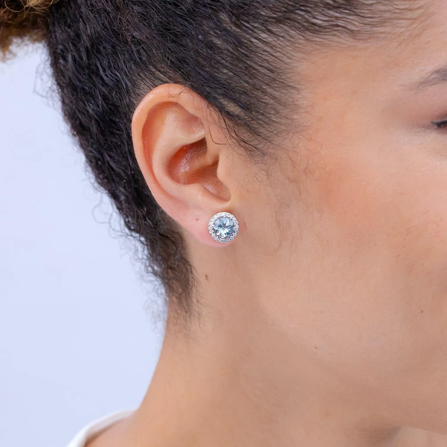 ANGARA Natural Classic Aquamarine and Diamond Halo Stud Earrings in 14K Solid Gold/Platinum | March Birthstone, Birthday, Engagement, Anniversary, Wedding Jewelry Gift for Women