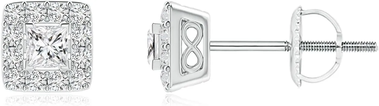 ANGARA Natural V-Prong Set Princess-Cut Diamond Halo Stud Earrings in 14K Solid Gold/Platinum | April Birthstone, Birthday, Engagement, Anniversary, Wedding Jewelry Gift for Women