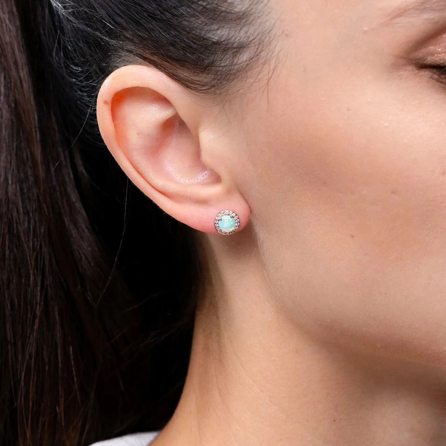 ANGARA Natural Vintage-Inspired Round Opal Halo Stud Earrings in 14K Solid Gold/Platinum | October Birthstone, Birthday, Engagement, Anniversary, Wedding Jewelry Gift for Women