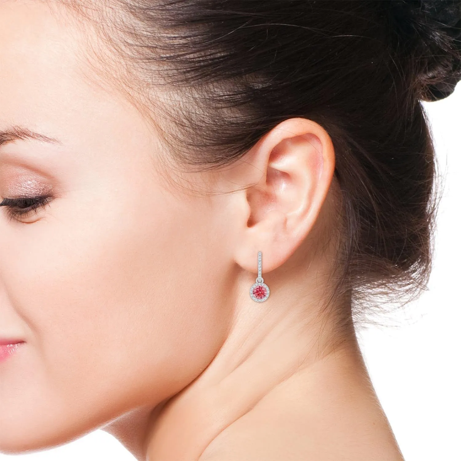 ANGARA Round Lab Grown Fancy Intense Pink Diamond Dangle Earrings with Halo in 14K Solid Gold/Platinum | Birthday, Engagement, Anniversary, Wedding Jewelry Gift for Women