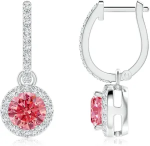 ANGARA Round Lab Grown Fancy Intense Pink Diamond Dangle Earrings with Halo in 14K Solid Gold/Platinum | Birthday, Engagement, Anniversary, Wedding Jewelry Gift for Women