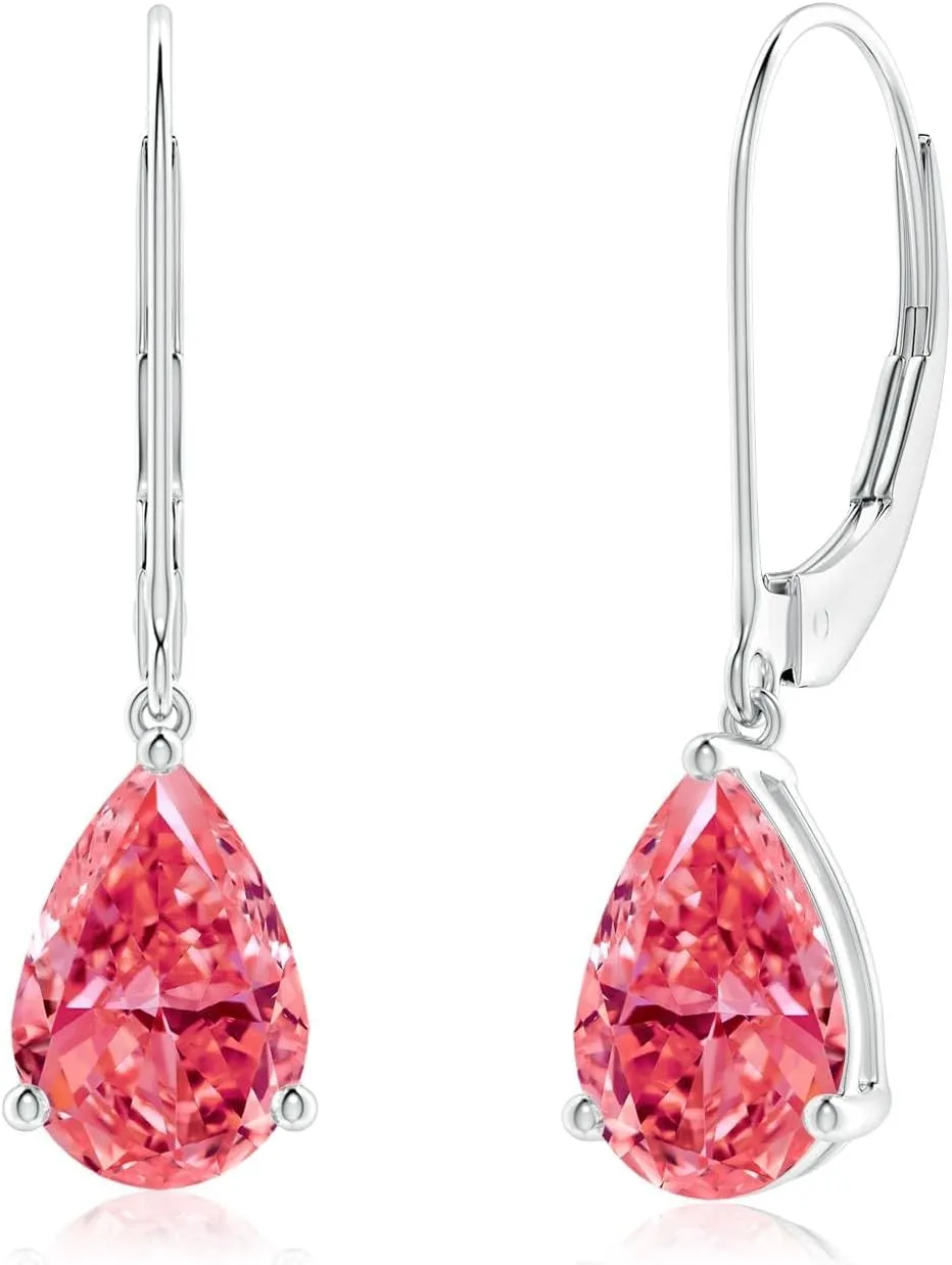 ANGARA Solitaire Pear-Shaped Lab Grown Fancy Intense Pink Diamond Leverback Earrings in 14K Solid Gold/Platinum | Birthday, Engagement, Anniversary, Wedding Jewelry Gift for Women