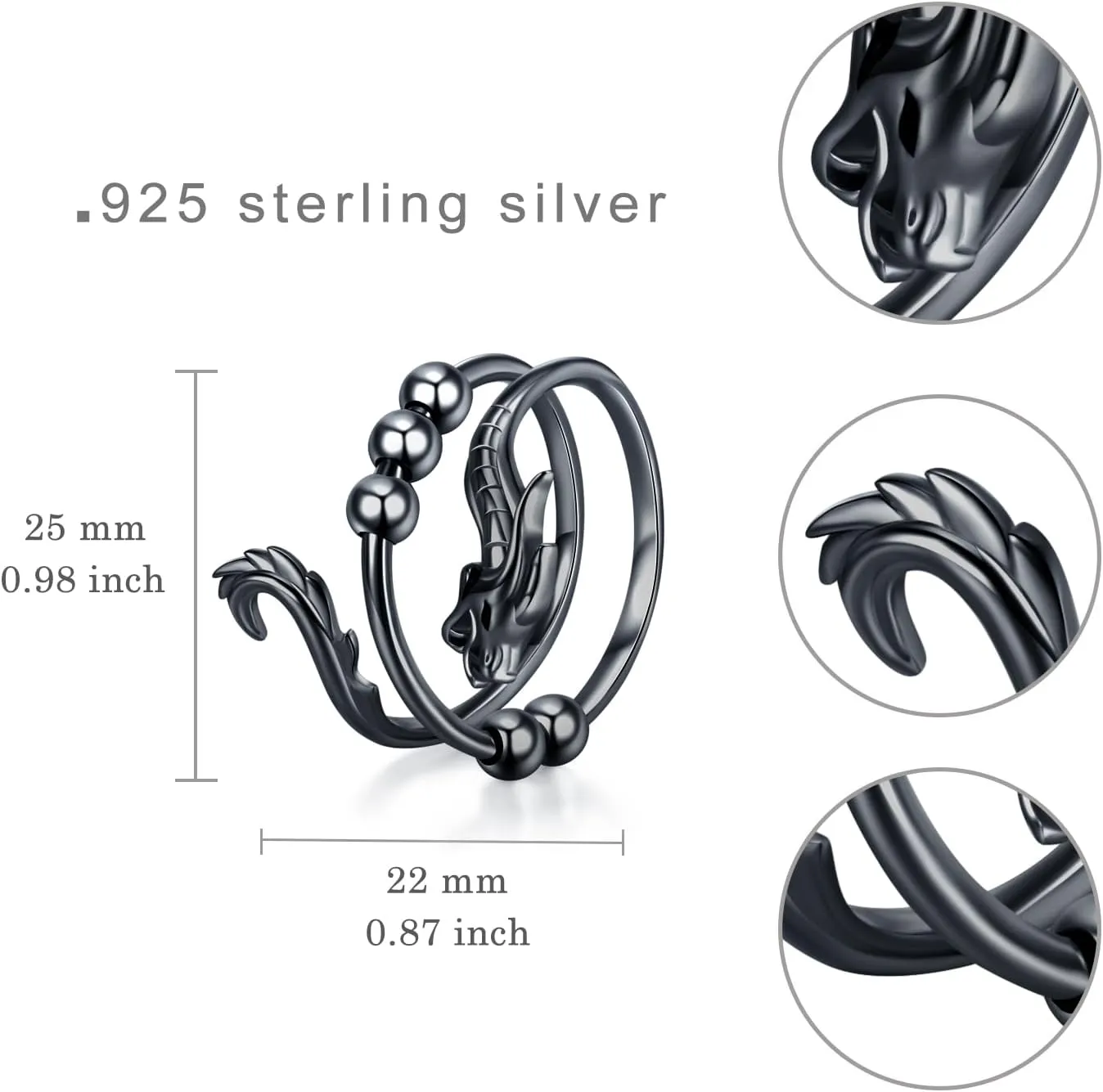 Anti Anxiety Ring 925 Sterling Silver Chinese Dragon Adjustable Anxiety Fidget Rings With Bead Spinner Rings Dragon Jewelry Gifts for Men Women