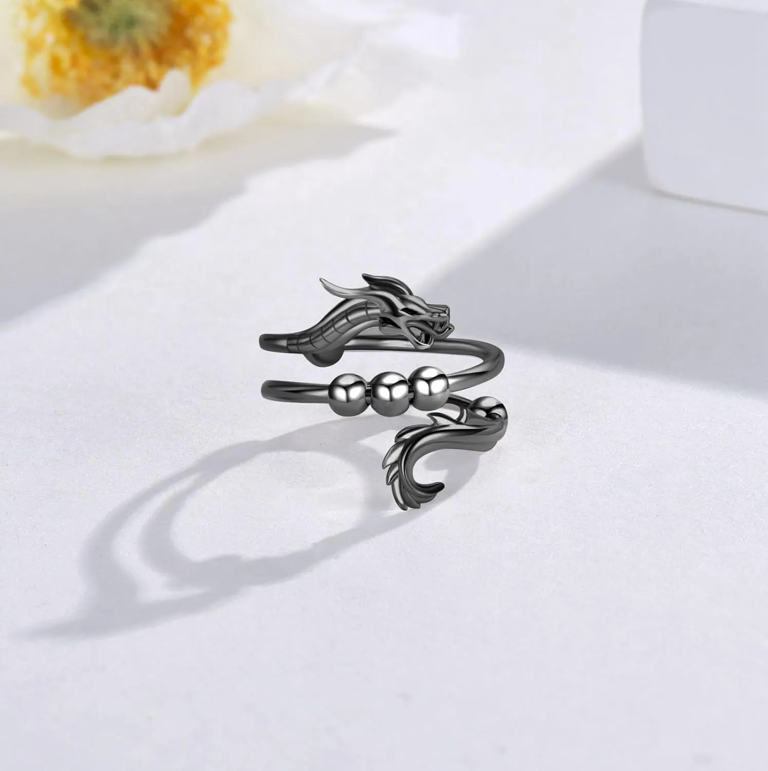 Anti Anxiety Ring 925 Sterling Silver Chinese Dragon Adjustable Anxiety Fidget Rings With Bead Spinner Rings Dragon Jewelry Gifts for Men Women