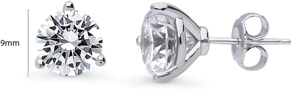 BERRICLE Sterling Silver Solitaire Round Cut Cubic Zirconia CZ Statement Anniversary Stud Earrings for Unisex, Rhodium Plated, Size 4mm - 9mm