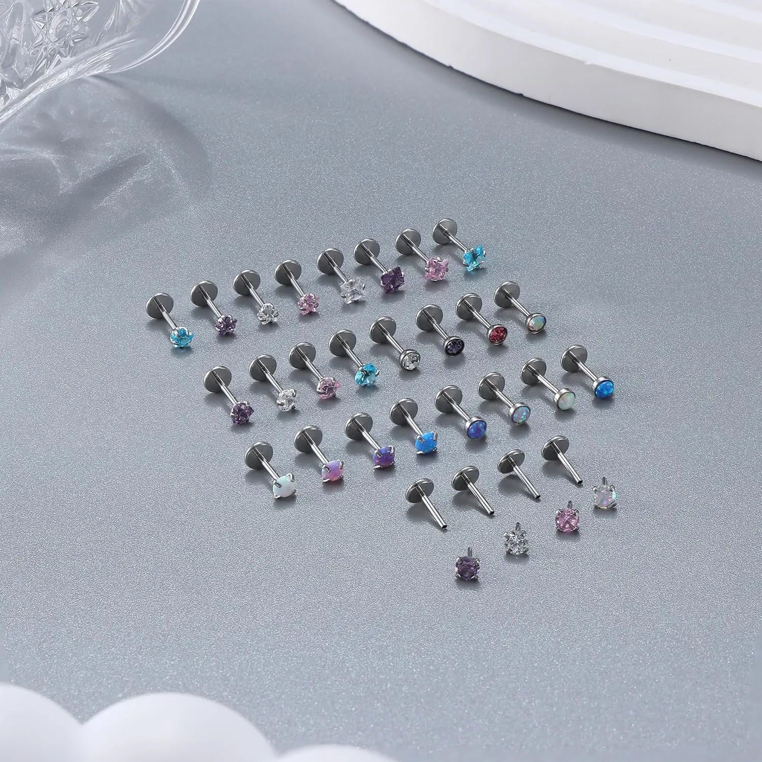 Besteel 28 Pcs Threadless Nose Rings Studs Set CZ Opal Surgical Steel Lip Nostril Labret Monroe Medusa Piercing Jewelry Push in Tragus Conch Helix Flat Back Earrings for Women Men 16G 18G 20G 6/8mm