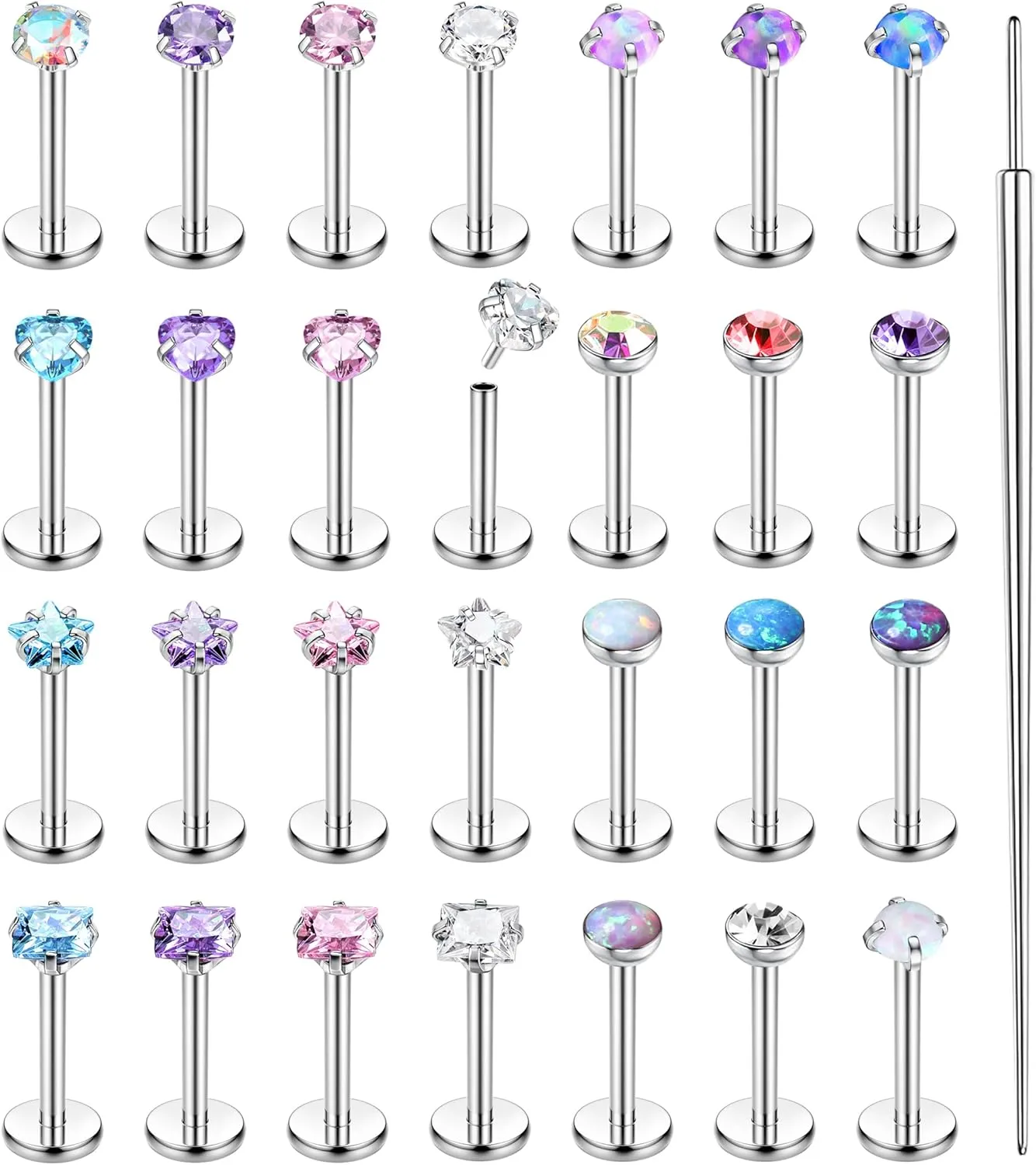 Besteel 28 Pcs Threadless Nose Rings Studs Set CZ Opal Surgical Steel Lip Nostril Labret Monroe Medusa Piercing Jewelry Push in Tragus Conch Helix Flat Back Earrings for Women Men 16G 18G 20G 6/8mm