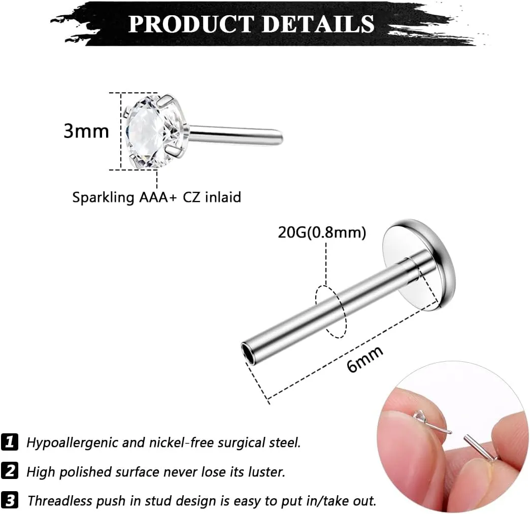 Besteel 28 Pcs Threadless Nose Rings Studs Set CZ Opal Surgical Steel Lip Nostril Labret Monroe Medusa Piercing Jewelry Push in Tragus Conch Helix Flat Back Earrings for Women Men 16G 18G 20G 6/8mm