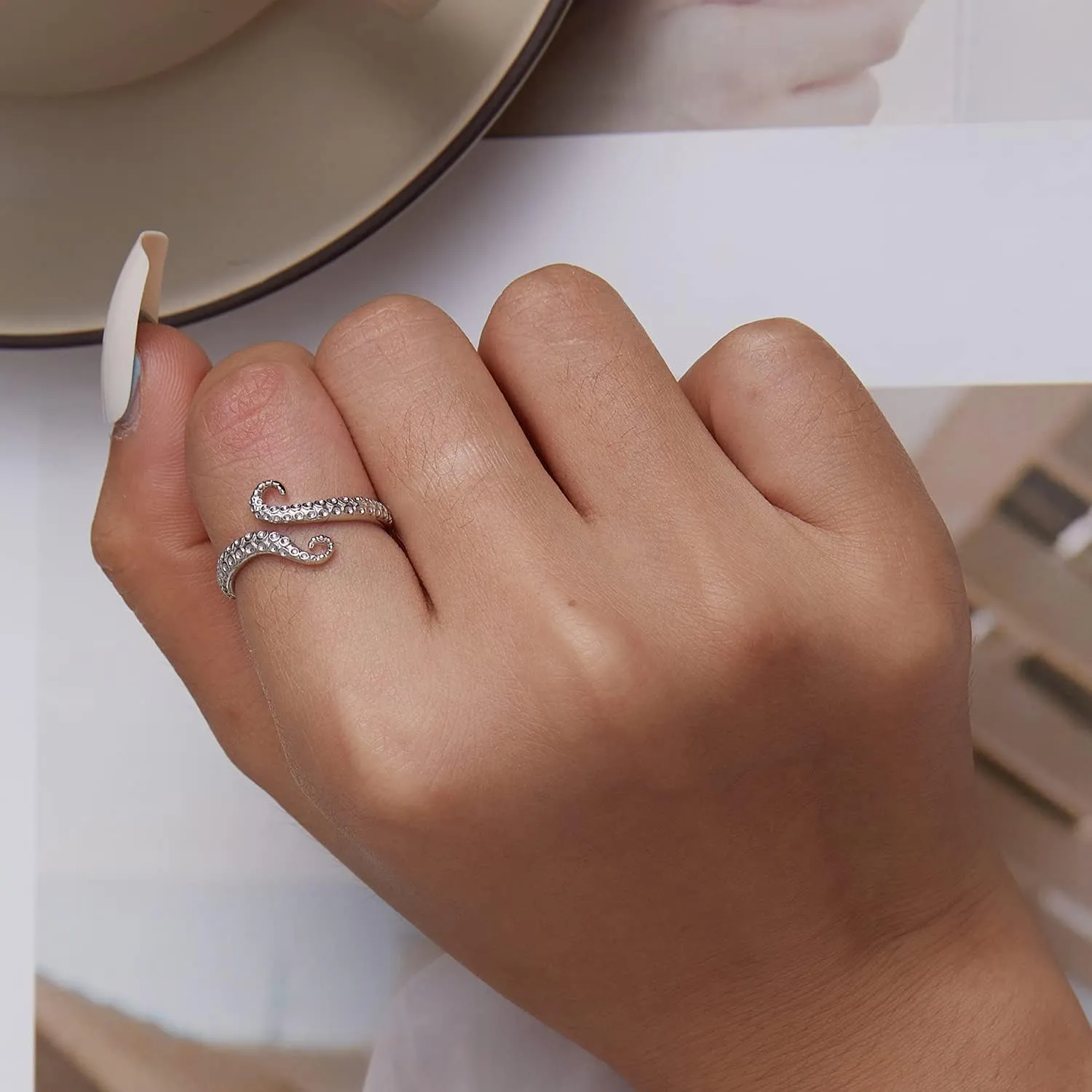 BISAER Snake Ring Adjustable Rings For Women 925 Sterling Silver Evil Eye Rings Gothic Vintage Octopus Dragonfly Moon Cat Stackable Ring For Women