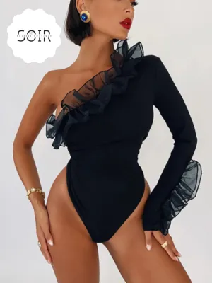 Black Slanted Collar Mesh Ruffle One-Shoulder Bodysuit