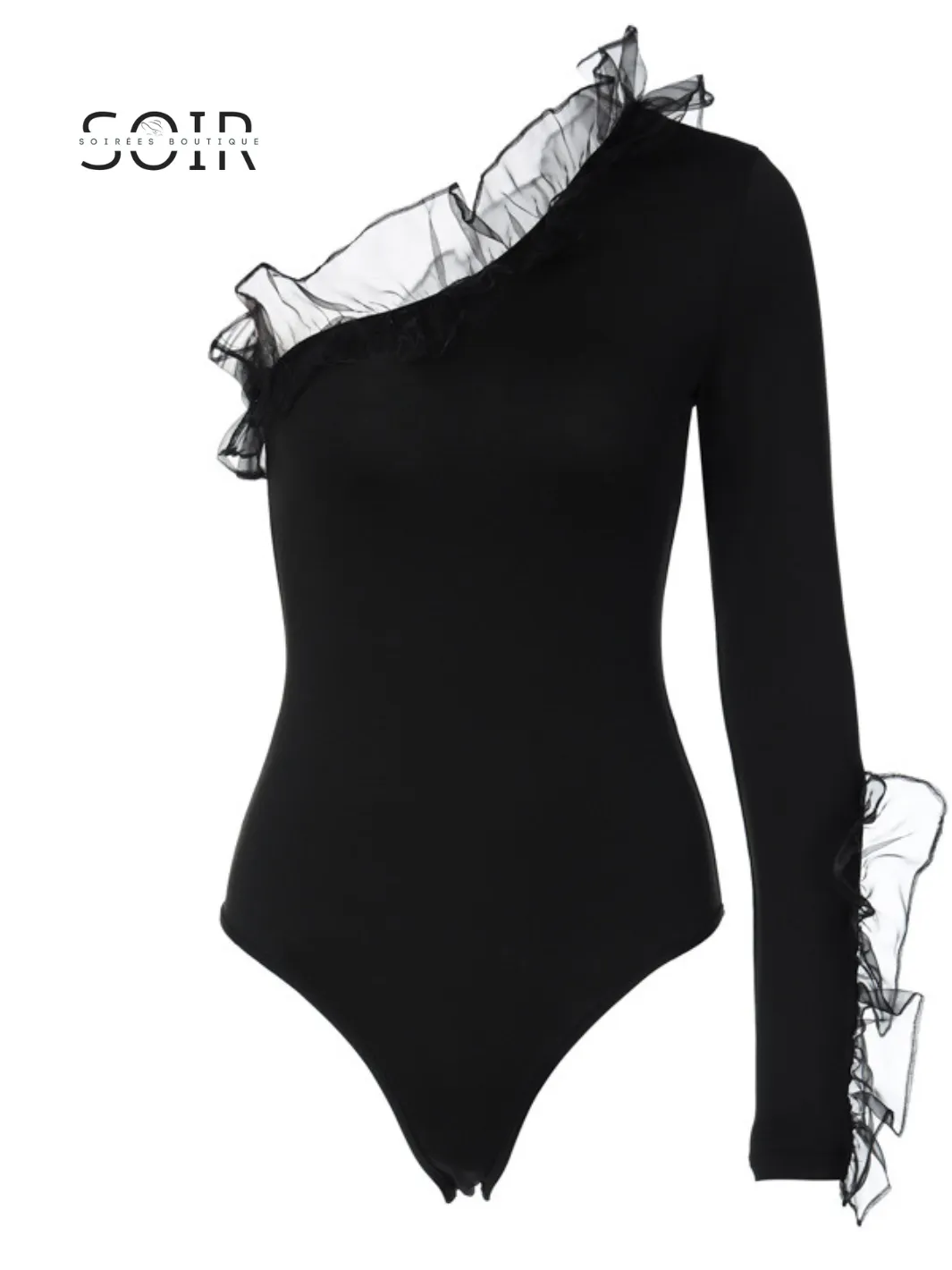 Black Slanted Collar Mesh Ruffle One-Shoulder Bodysuit