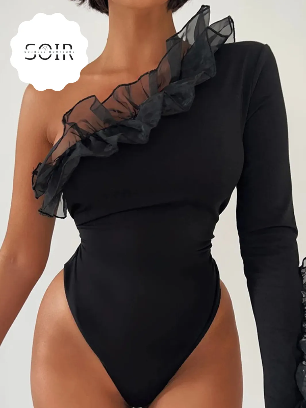 Black Slanted Collar Mesh Ruffle One-Shoulder Bodysuit