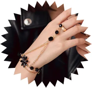 Boho Crystal Bracelets Flower Gold Layered Finger Hand Chain Rhinestone Black Ring Hand Chains Slave Hand Hardness Bracelets for Women